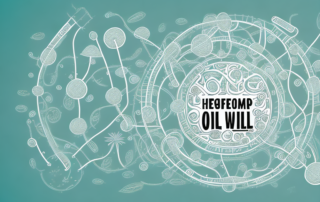 A hemp oil bottle pouring oil into a stylized representation of metabolic pathways
