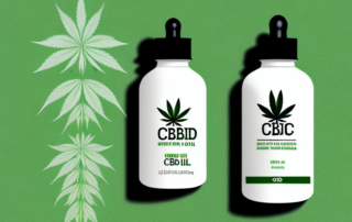 A cbd oil dropper bottle with a hemp leaf in the background