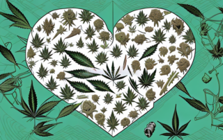 A cannabis plant intertwined with various symbols representing different diseases