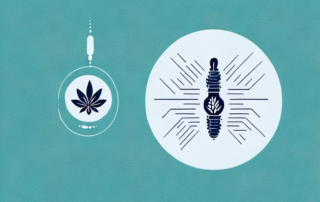 A cbd oil dropper with drops falling into a stylized