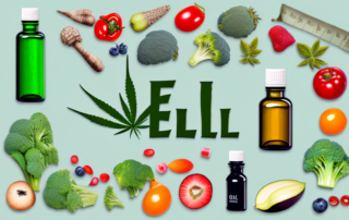 A bottle of hemp oil surrounded by various healthy foods like fruits and vegetables
