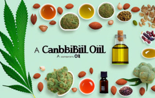 A bottle of cannabidiol oil with a hemp leaf in the background