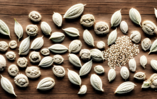 A few unpeeled hemp seeds scattered on a wooden table