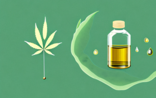A cannabis leaf with a droplet of oil coming out of it