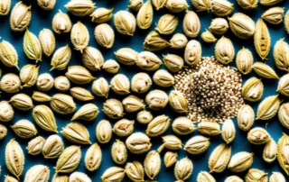 A pile of unpeeled hemp seeds with a radiant glow to symbolize their positive effects