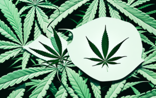 A cannabis plant with its leaves gently cradling a symbol of a stomach