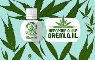A dropper bottle with hemp oil surrounded by various medicinal plants