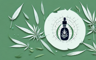 A bottle of hemp oil surrounded by various symbols of health like a heart