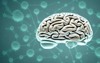 A human brain with symbolic elements of cbd (like hemp leaves) and various analytical tools