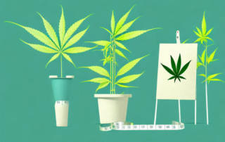 A mature cannabis plant with a measuring tape next to it to indicate its height