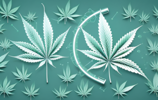 A cannabis leaf with scientific elements like molecular structures and test tubes