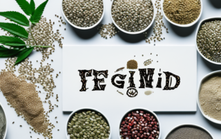 A table filled with various hemp seeds and their respective components like proteins