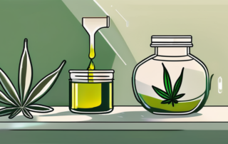 A glass jar filled with olive oil and a cannabis leaf floating inside