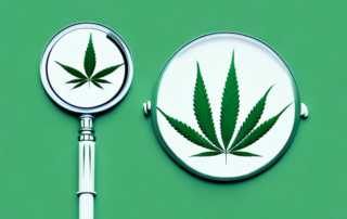 A medical marijuana plant with a magnifying glass focusing on the buds
