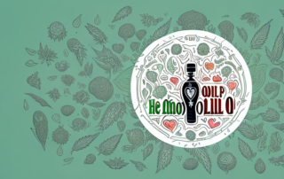 A bottle of hemp oil surrounded by various symbols representing health and wellness