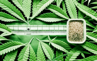 A pile of hemp seeds next to a measuring tape and a healthy green leaf