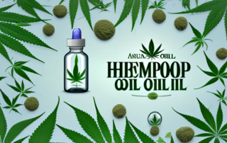A bottle of hemp oil surrounded by various medicinal plants and herbs