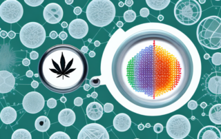 Cbd capsules surrounded by various scientific elements like molecules