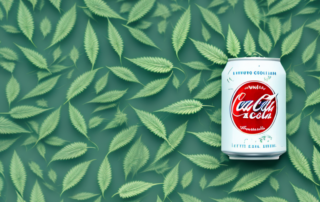 A can of cola with hemp leaves floating around it
