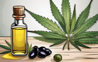 A bottle of cannabis oil next to a bottle of olive oil