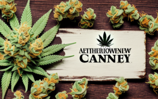 Several distinct cannabis flower strains artistically displayed on a rustic wooden counter