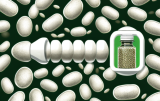 A bottle of hemp seed oil capsules placed near a hemp plant