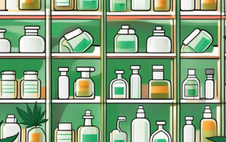 A prescription bottle with cannabis leaves spilling out