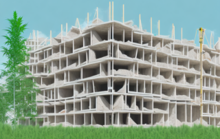 A sustainable construction site showcasing a building being built or renovated with hemp-lime materials