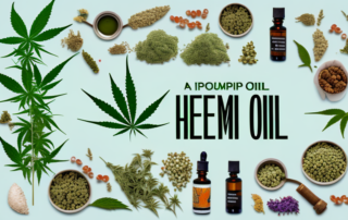 A bottle of hemp oil surrounded by various healthy foods and herbs