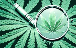 A cannabis leaf with magnifying glass highlighting its structure