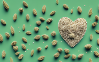 A variety of hemp seeds scattered across a vibrant