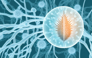 A cbd oil dropper with a few drops falling into a stylized depiction of nerve cells