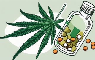 A cannabis leaf lying next to a medicine bottle with a few pills spilled out