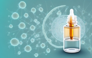 A cbd oil dropper with a few drops falling into a glass of water