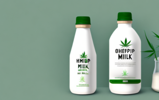 A bottle of hemp milk on a shelf with a dm store background