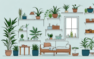 A cozy home interior with various types of decorative hemp plants placed on shelves