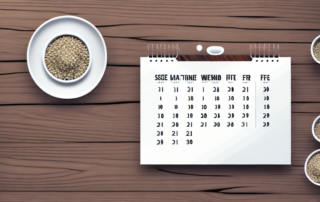 A few hemp seeds scattered on a wooden table with a daily calendar and a glass of water in the background