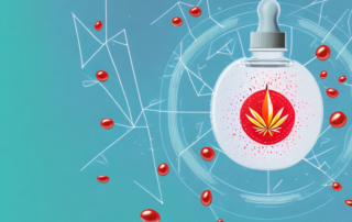A cbd oil dropper bottle with a few drops falling into a symbolic representation of pain