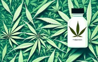 A prescription bottle with cannabis leaves spilling out