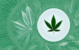 A hemp plant with various symbols representing health and wellness