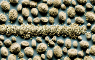 Various hemp seeds scattered on a surface