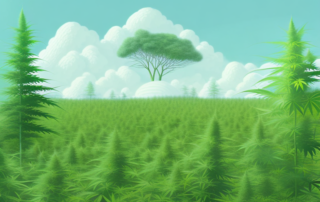 A serene natural landscape with a few hemp plants in the foreground