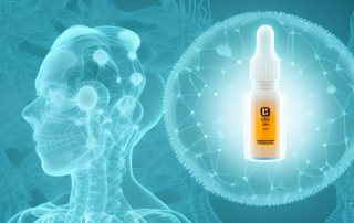 A cbd oil dropper with a few drops falling into a glowing outline of a human body