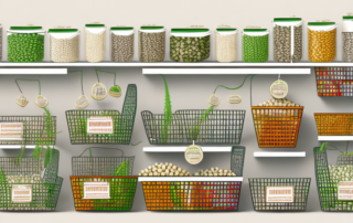 Various types of hemp seeds displayed on a shelf