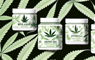 A variety of cannabis-infused salve jars surrounded by natural elements like hemp leaves and flowers