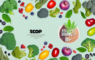 A scoop of bio hemp protein powder surrounded by various organic fruits and vegetables