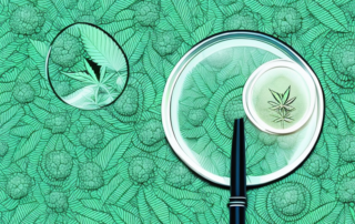 A hemp plant with emphasized buds (from where thc is extracted) and a magnifying glass focusing on the buds
