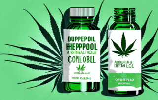 A dropper bottle of cannabis oil with a hemp leaf in the background