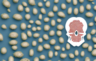 A few hemp seeds surrounded by symbols of health risks such as a caution sign
