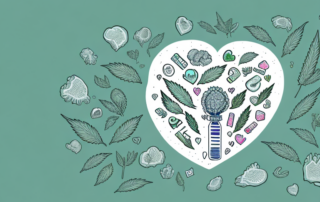 A bottle of hemp oil surrounded by various health symbols like a heart